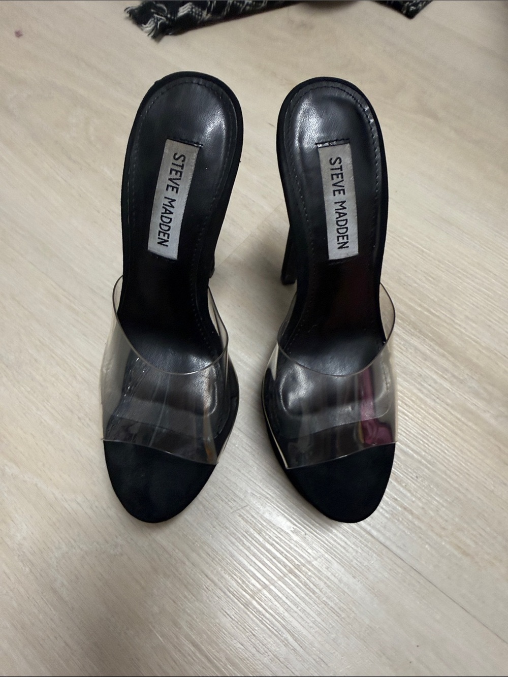 Steve Madden Black Clear Strap Slide Heels